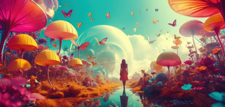 Fantasy landscape with a girl and butterflies. 3d rendering.の素材