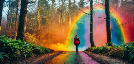 A girl in a red jacket walks along a path through the forest with a rainbow in the backgroundの素材