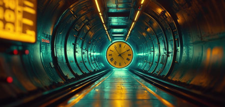 3D rendering of a futuristic tunnel with a clock in the middleの素材