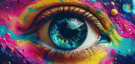 Close up of beautiful woman's eye with abstract colorful paint on itの素材