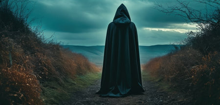 Dark fantasy landscape with a dark man in a black cloak standing on a path in the fieldの素材
