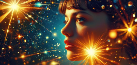 Beautiful woman with sparkles on a dark background. 3d renderingの素材