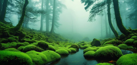 Foggy forest with a river and green moss in the foregroundの素材