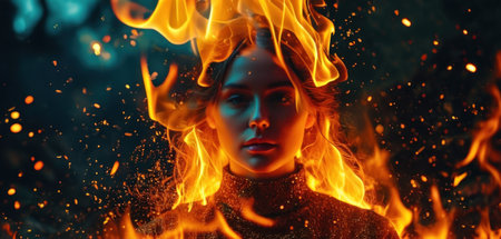 Portrait of a beautiful woman in a fire. The girl is surrounded by fire.の素材