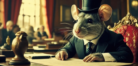 Vintage portrait of a cute rat in a hat and suit.の素材