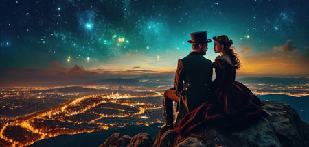 Romantic couple in love on the top of a mountain at nightの素材