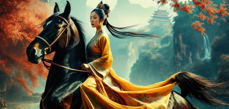 Beautiful asian woman with a horse in the background of a waterfallの素材