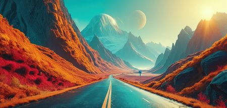 3D rendering of a road leading to the mountains and the moonの素材