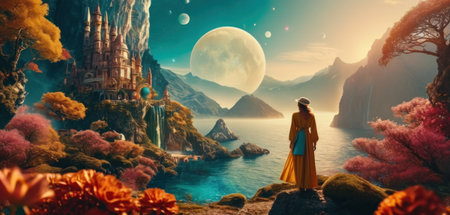 Fantasy landscape with a beautiful woman in a long dress. 3d renderingの素材