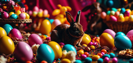 Easter decoration with chocolate bunny, colorful eggs and candies.の素材