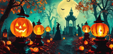 Halloween background with pumpkins, cemetery, castle and moon.の素材