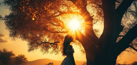 Silhouette of a beautiful girl in a white dress on the background of an old tree.の素材
