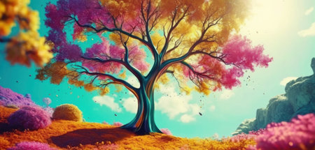 3d illustration of a beautiful autumn landscape with a tree and flowersの素材
