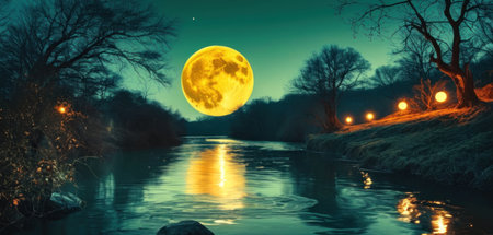 Full moon over the river at night. 3d render illustration.の素材