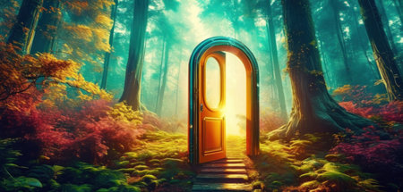 Mystical door in the forest at sunrise. 3D renderingの素材