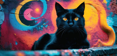 Black cat sitting on a wall in front of a colorful graffiti.の素材