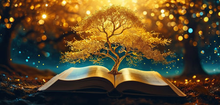 Tree growing from an open book. Conceptual image of education.の素材