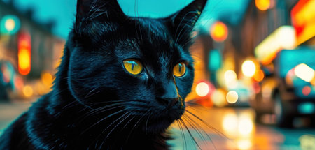 Black cat with yellow eyes on the background of the night city.の素材