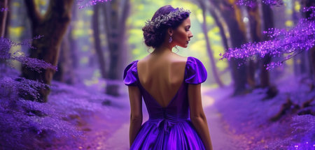 Beautiful woman in a purple dress walks through the forest with purple flowersの素材