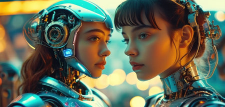 Two female robots in an amusement park. 3d rendering toned imageの素材