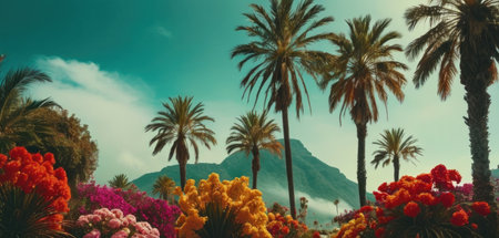 Tropical flowers and palm trees against the background of the mountainsの素材