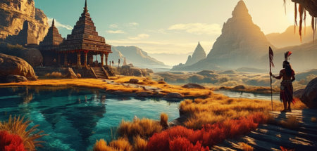 Fantasy landscape with ancient temples and river. 3d render illustrationの素材