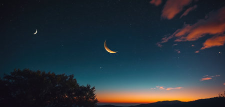 Crescent moon and star in the night sky with beautiful clouds.の素材