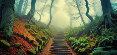 Staircase in the foggy forest. Panoramic imageの素材