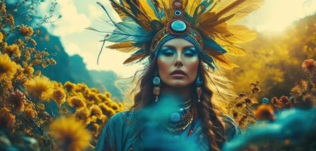 Beautiful indian woman with flowers in her hair. Boho style.の素材