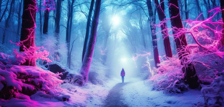 Mysterious winter forest with fog and light. 3d renderingの素材