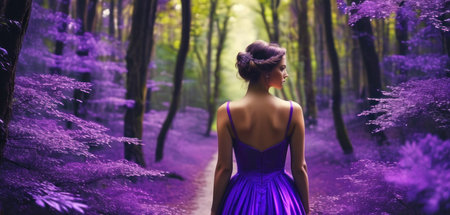 Beautiful young woman in purple dress walking in the forest. Fairy tale.の素材