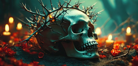 Still life with human skull and crown of thorns. Halloween conceptの素材
