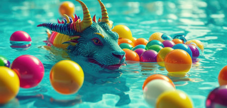dragon swimming in the pool with colorful balls. 3d rendering.の素材