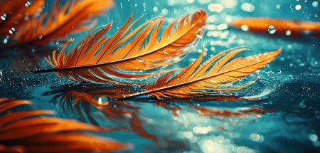 Feathers with water drops on blue background. Close-upの素材