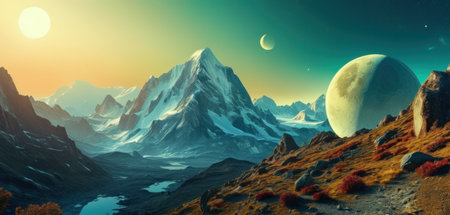 Fantasy alien planet. Mountain and lake. 3D illustration.の素材