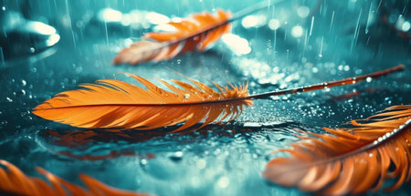 Beautiful orange feathers in the rain on the background of water dropsの素材