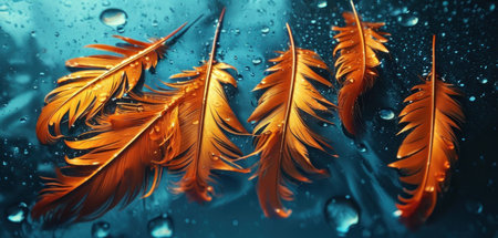 Feathers on a dark background with water drops. 3d renderingの素材
