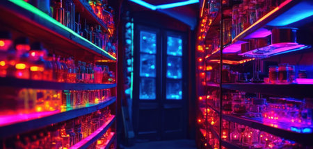 Interior of a night club with a lot of bottles and neon lightsの素材