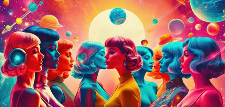 3d illustration of a group of women in front of the moonの素材