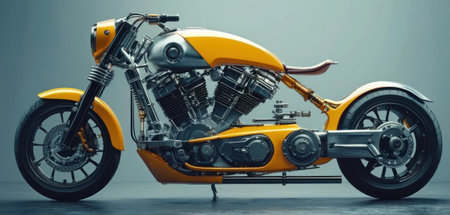 3d rendering of a yellow motorcycle on a gray background with copy spaceの素材
