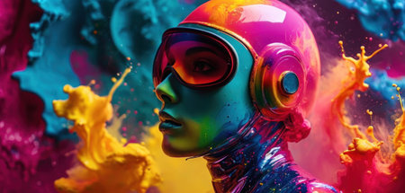Close up portrait of futuristic cyborg woman with colorful paint splashesの素材