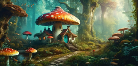 Fantasy landscape with fantasy mushroom house in the forest. 3d illustrationの素材