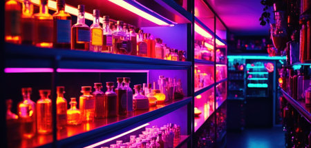 Shelves with bottles of alcoholic beverages in night club, closeupの素材