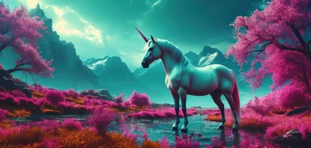 Unicorn on a background of the mountains. 3d renderの素材