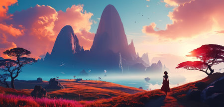 Fantasy landscape with a woman in a long dress on the meadow.の素材