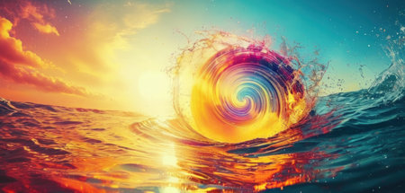 3D illustration of abstract planet in ocean with waves and sun.の素材