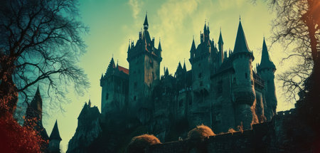 Magic castle in the forest. Panoramic view of the fairytale castle.の素材