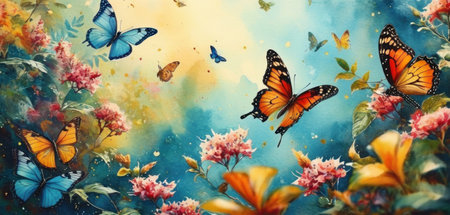 Beautiful watercolor background with flowers and butterflies. Digital painting.の素材