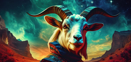 White goat on the background of the planet. 3D illustration.の素材