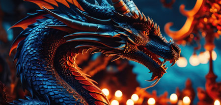 Dragon statue in chinese temple with burning candles, close-upの素材
